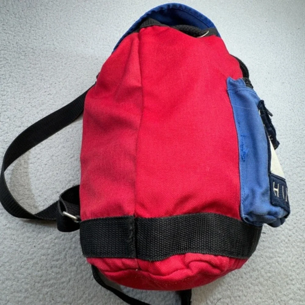 VINTAGE Tommy Hilfiger Backpack Red Blue 90s Alpine Olympics Patch‎ Cinch Canvas